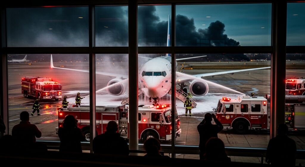 Emergency crews respond to a plane incident on LaGuardia Airport runway with flashing lights and smoke