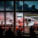 Emergency crews respond to a plane incident on LaGuardia Airport runway with flashing lights and smoke