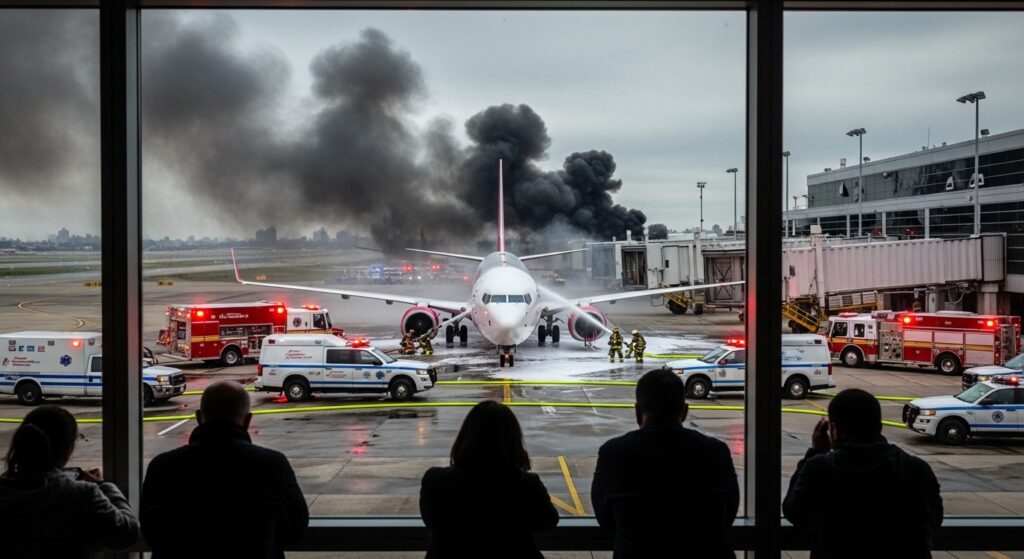 Firefighters and emergency teams responding to aircraft incident at LaGuardia Airport runway