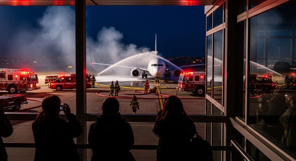 Passengers inside airport terminal watching runway incident and facing delays at LaGuardia LaGuardia Airport incident Airport